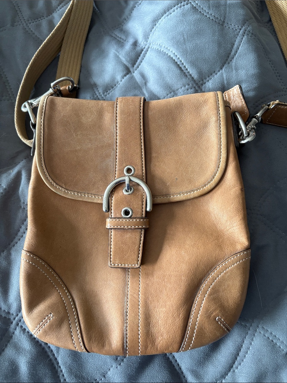 Coach Tan Leather Crossbody Bag with Buckle Detail